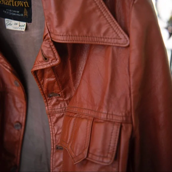 COPY - Brown vintage 1970s leather jacket, butterfly collar. - Picture 5 of 8